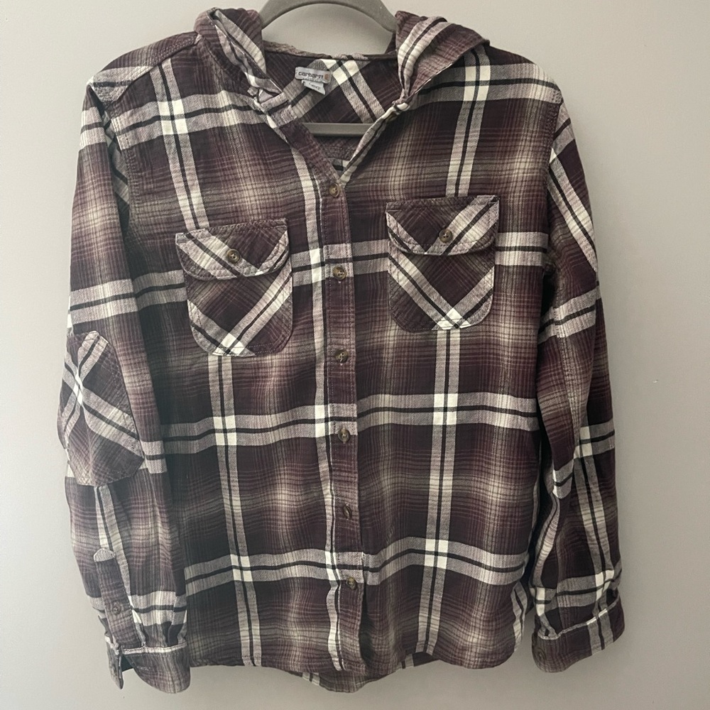 Purple hooded Carhartt button up shirt